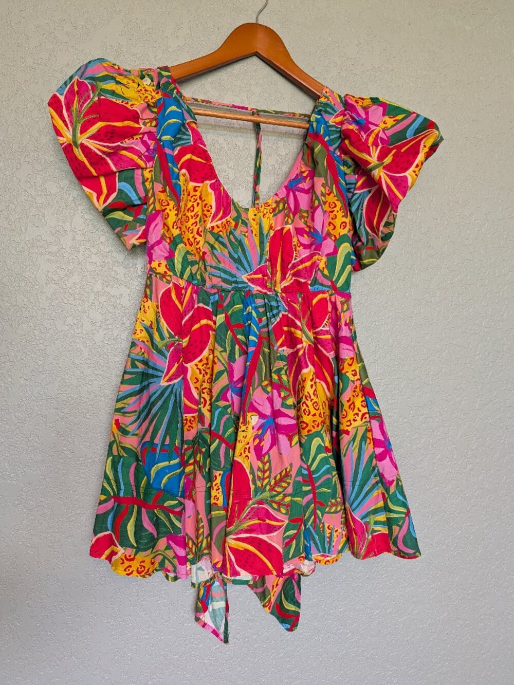 SHEIN Tropical Floral Puff Sleeve Mini Dress XS Open Back Jungle Print